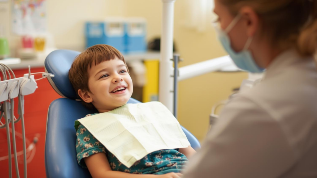 A young child sitting comfortably in a dental chair, smiling at a friendly pediatric dentist