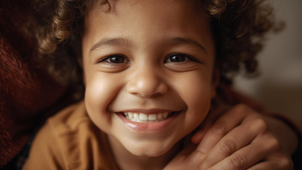 A close-up of a child's bright, healthy smile with a parent gently holding their hand nearby
