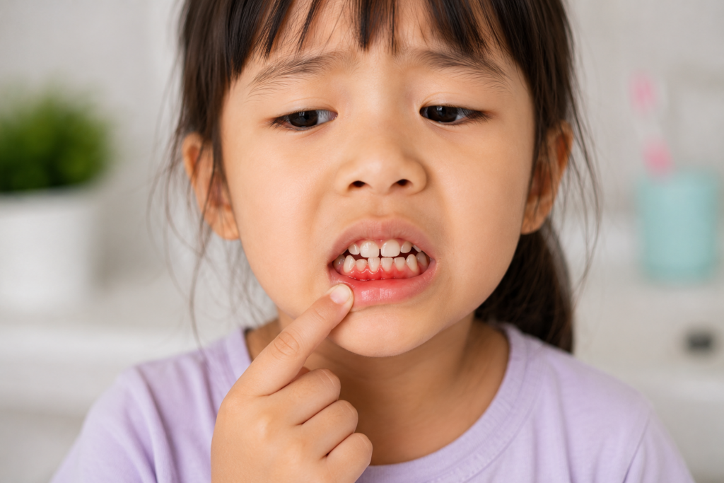 Child pointing to bleeding gums while showing signs of gum irritation during a dental health concern.