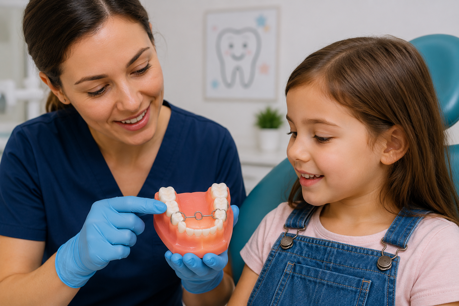 Dentist using a dental model to explain a space maintainer during a child's dental appointment at Little Smiles Pediatric Dentistry.
