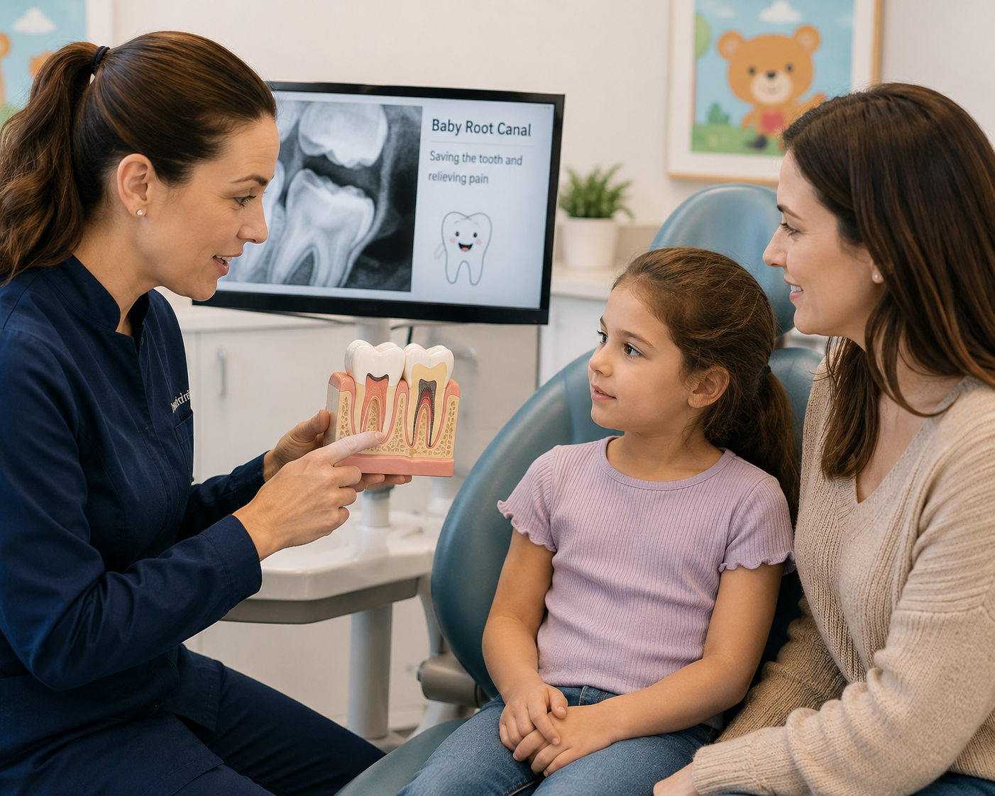 Pediatric dentist explaining a treatment recommendation to a parent and child during a dental visit.