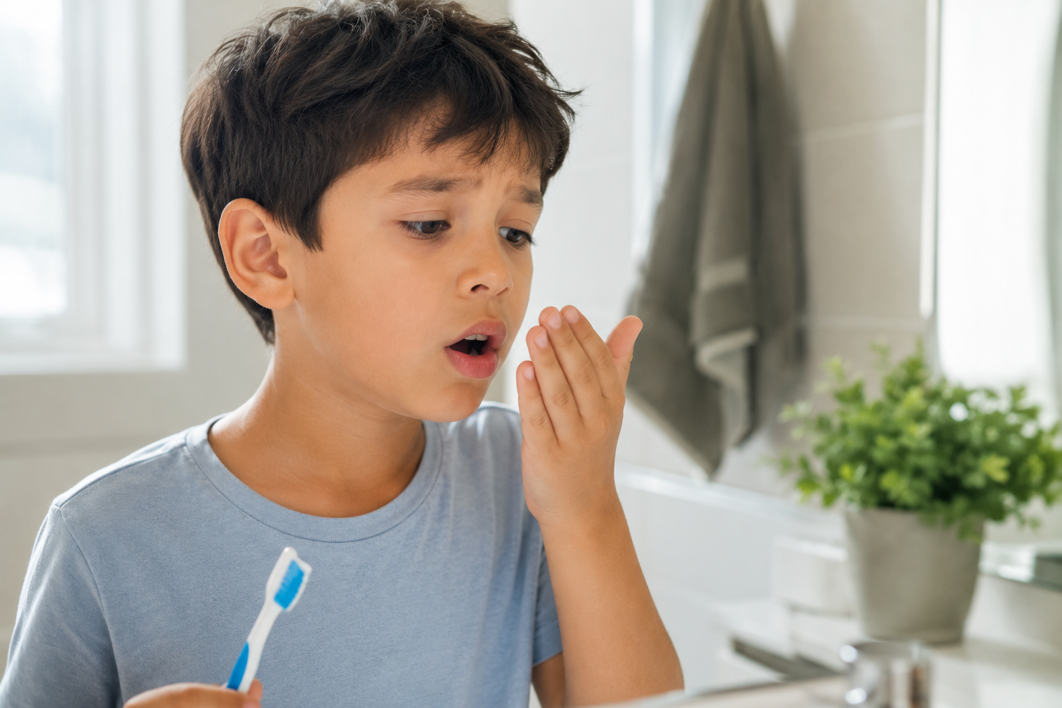 Parent helping a child brush their teeth while smiling in the bathroom