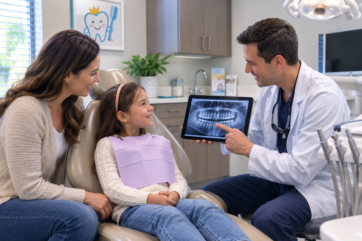 Pediatric dentist explaining a digital dental X-ray to a child and parent during a preventive dental exam at Little Smiles Pediatric Dentistry.