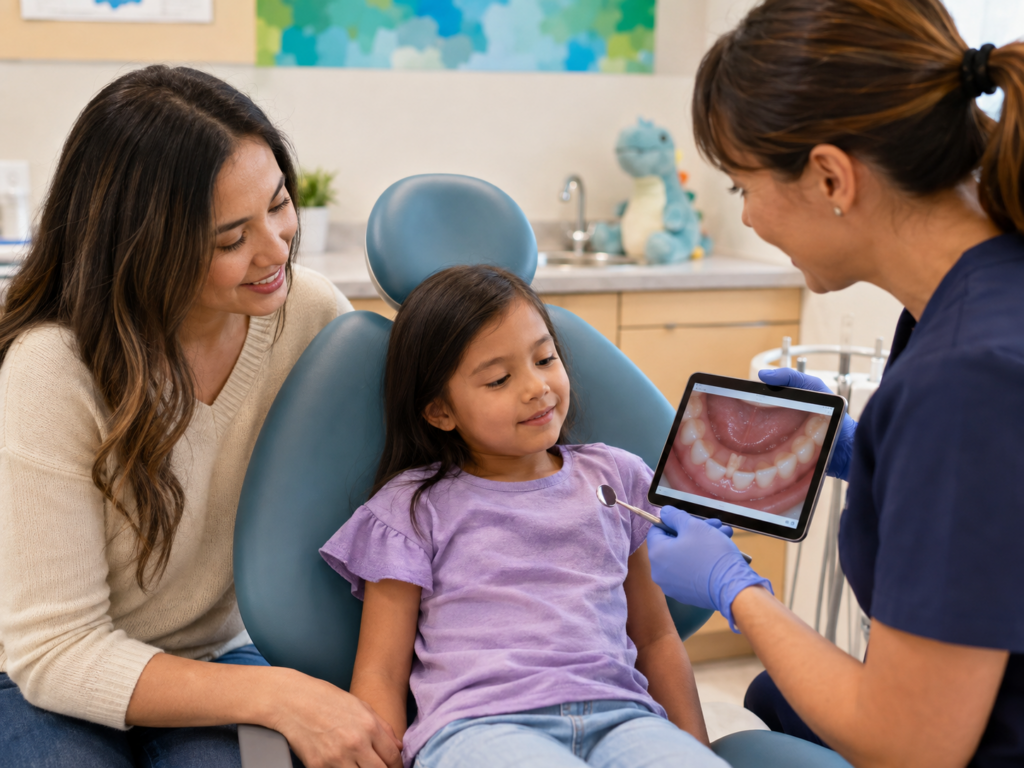 Pediatric dentist explaining why a permanent tooth is growing behind a baby tooth during a child’s dental evaluation.